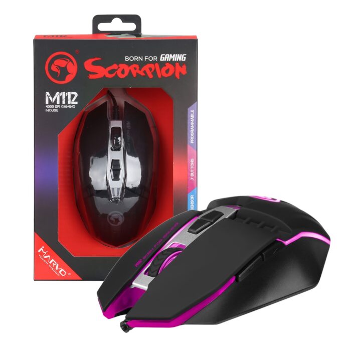 MIMAR-M112 Marvo Scorpion M112 USB 7 Colour LED Black Programmable Gaming Mouse - Image 1