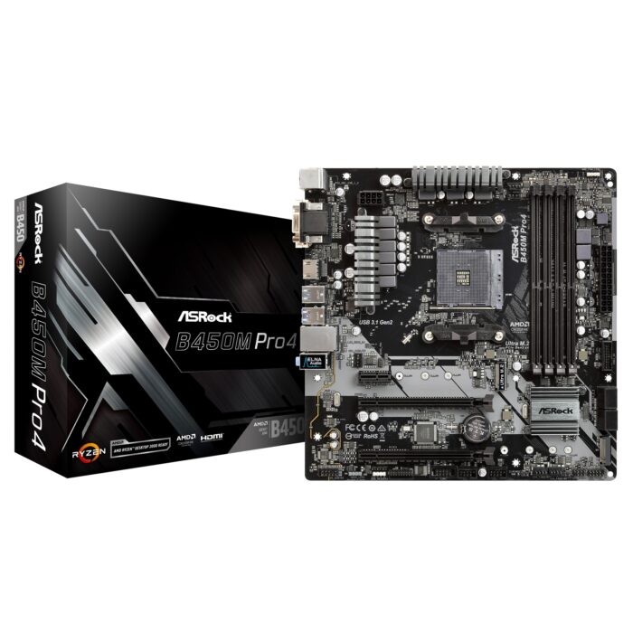 ASRock B450M Pro4 AMD Socket AM4 Micro ATX VGA/DVI-D/HDMI DDR4 USB C 3.1 Motherboard - Image 1