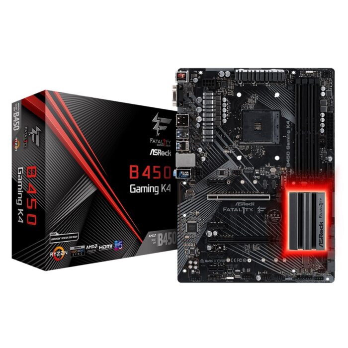 MBASR-B450GK4 ASRock Fatal1ty B450 Gaming K4 AMD Socket AM4 ATX DDR4 USB C 3.1 RGB Motherboard - Image 1