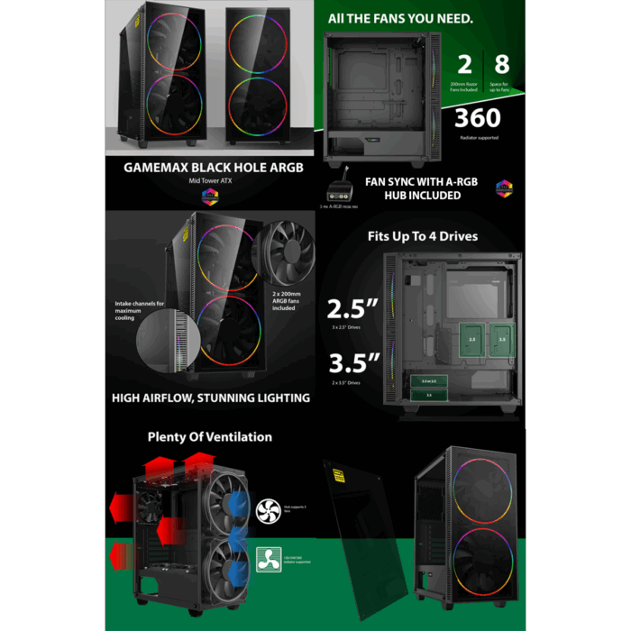 GameMax Black Hole ARGB Gaming Case 2x 20cm 1x 12cm ARGB Fans 1x ARGB Hub - Image 10