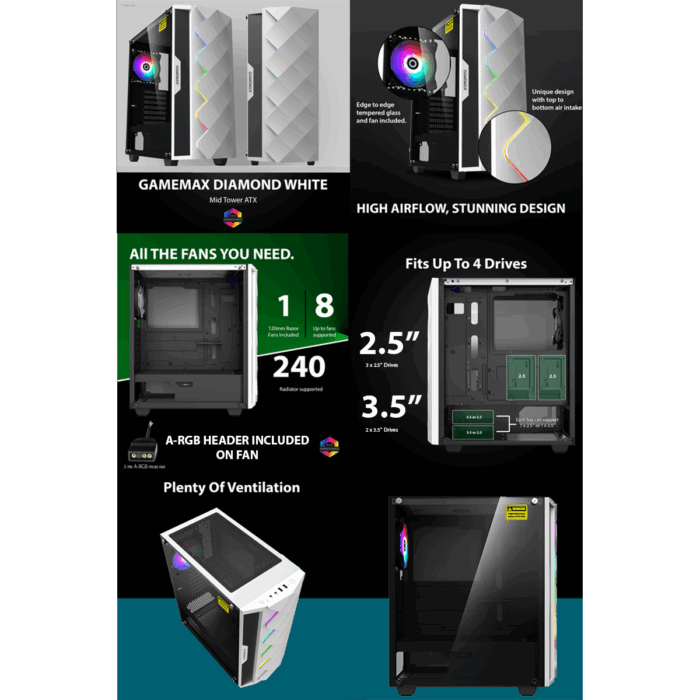 GameMax White Diamond Mid Tower Case with Addressable RGB LED - Image 9