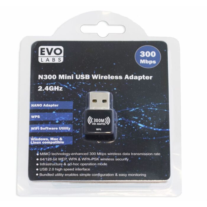 NPEVO-N300USBAD Evo Labs N300 Wireless N Mini USB Wi-Fi Network Adapter - Image 1