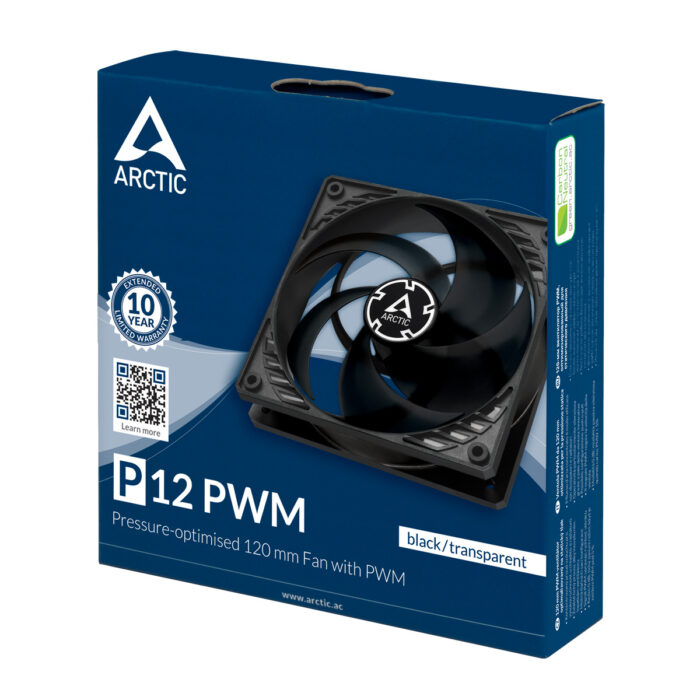 Arctic P12 12cm Pressure Optimised PWM Case Fan, Black, Fluid Dynamic - Image 1