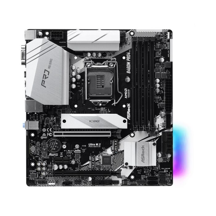 ASRock B460M Pro4 Intel Socket 1200 10th Gen Micro ATX HDMI/VGA/DisplayPort Dual M.2 USB C RGB Motherboard - Image 2