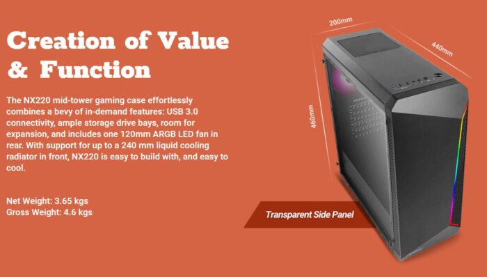 Antec NX220 ARGB Rear Fan & Front ARGB LED Strip, LED Control Button, Black - Image 6