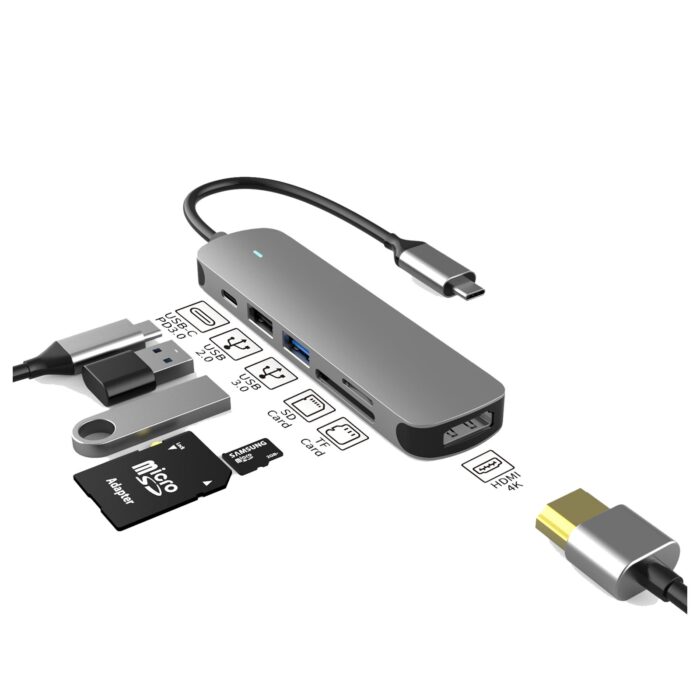 Prevo C605A USB Type-C 6-In-1 Hub with HDMI, SD and TF Card Reader, USB 2.0, USB 3.0, USB-C, 4K HDMI, PC, Laptop, Tablets, iPad, MacBook, iMac Compatible, Silver Metal Finish - Image 2