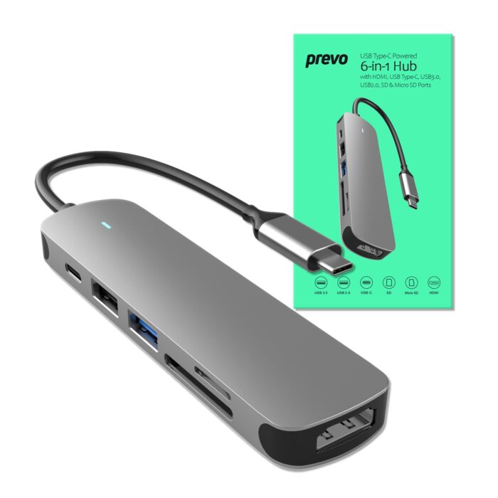 Prevo C605A USB Type-C 6-In-1 Hub with HDMI, SD and TF Card Reader, USB 2.0, USB 3.0, USB-C, 4K HDMI, PC, Laptop, Tablets, iPad, MacBook, iMac Compatible, Silver Metal Finish - Image 1