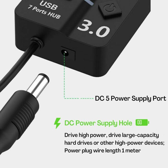 Powered USB Hub 3.0 - 7 Ports USB Extender with DC 5V Power Adapter with Individual LED Power Switches - Image 3