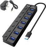 Powered USB Hub 3.0 - 7 Ports USB Extender with DC 5V Power Adapter with Individual LED Power Switches