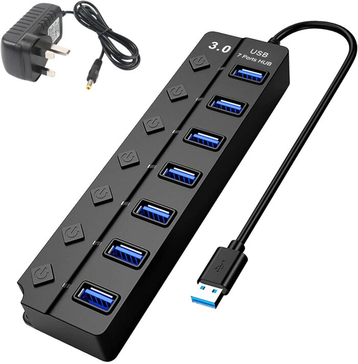 71eNe4V25CS._AC_SL1500_ Powered USB Hub 3.0 - 7 Ports USB Extender with DC 5V Power Adapter with Individual LED Power Switches - Image 1
