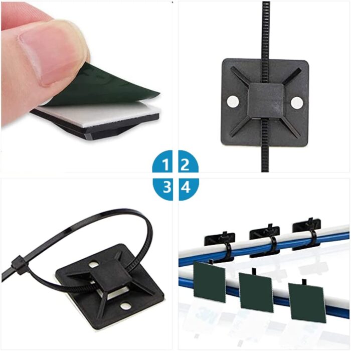 61E38EMmfiL._AC_SL1200_ 10 Pack Black Plastic Nylon Cable Ties with 10 Pieces Strong 25x25mm Self Adhesive Wire Tidy Clips Mount Base Holders for Cable Management - Image 1