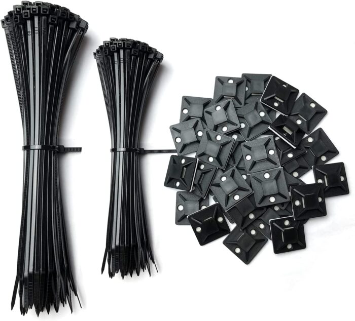 10 Pack Black Plastic Nylon Cable Ties with 10 Pieces Strong 25x25mm Self Adhesive Wire Tidy Clips Mount Base Holders for Cable Management - Image 2