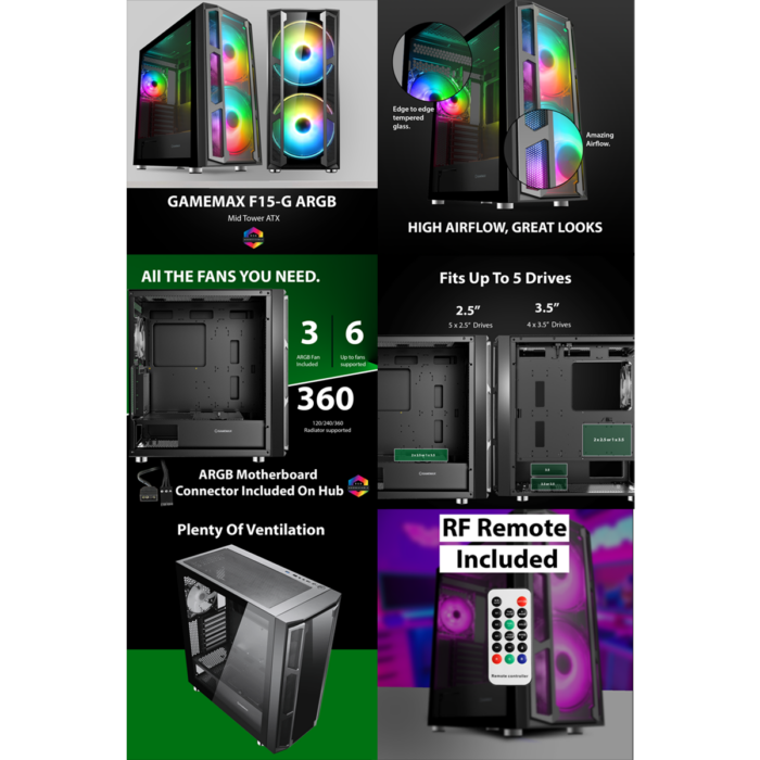 GameMax F15G Gaming Case 2x 20cm ARGB Fan 1x 12cm ARGB Fan TG Front+Side MB Sync - Image 11