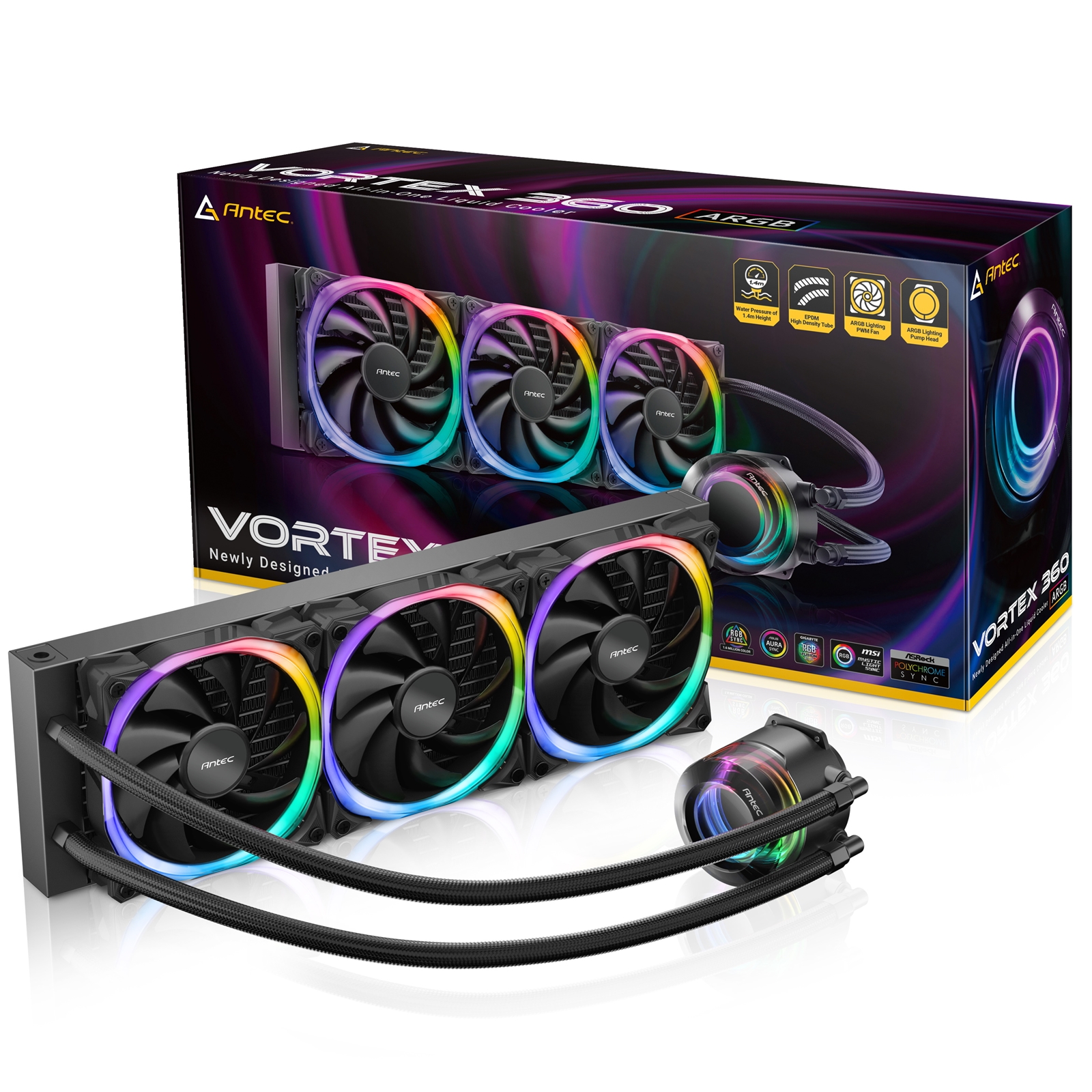 ANTEC Vortex 360 ANTEC Vortex 360 ARGB AiO Liquid CPU Cooler, Universal Socket, 360mm Radiator, PWM 2000RPM Fusion ARGB Cooling Fans, Addressable RGB LED - Image 1