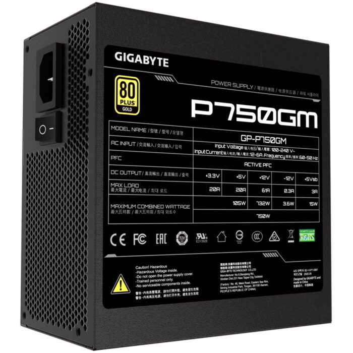 Gigabyte P750GM 750W PSU, 120mm Smart Hydraulic Bearing Fan, 80 PLUS Gold, Fully Modular, UK Plug, High-Quality Japanes Capacitors, Powerful Single +12V Rail - Image 2