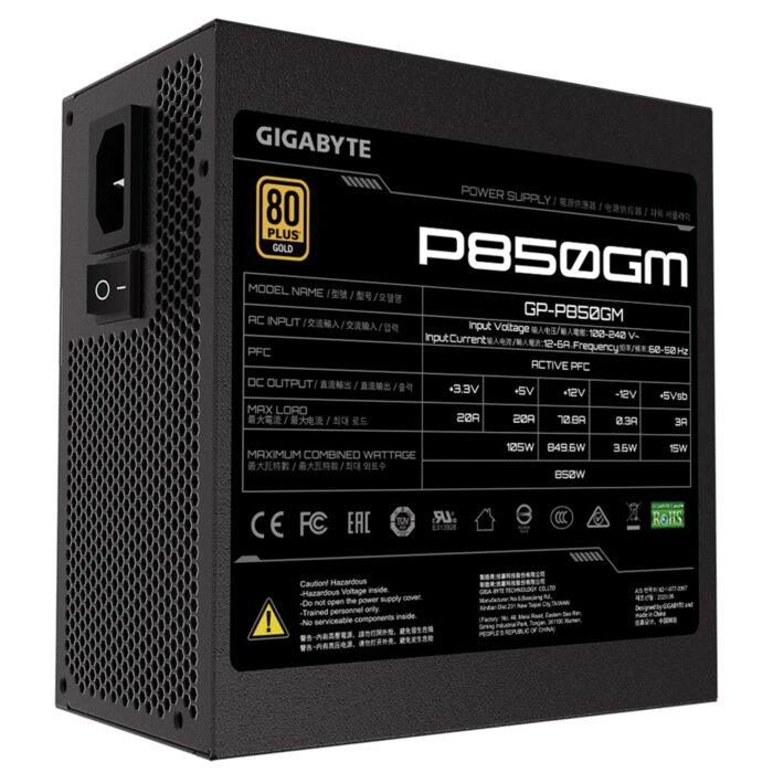 Gigabyte P850GM 850W PSU, 120mm Smart Hydraulic Bearing Fan, 80 PLUS Gold, Fully Modular, UK Plug, High-Quality Japanese Capacitors, Powerful Single +12V Rail - Image 2