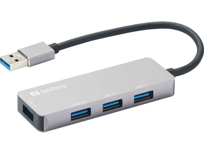 Sandberg External 4-Port USB-A Sandberg External 4-Port USB-A Pocket Hub - USB-A Male, 1 x USB 3.0, 3 x USB 2.0, Aluminium, - Image 1