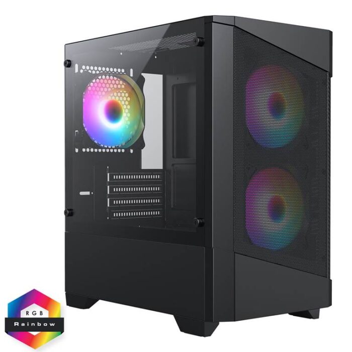 CIT-Level-1-Black CIT Level 1 Black Micro-ATX Mesh PC Gaming Case with 3 x 120mm RGB Rainbow Fans Included - Image 1
