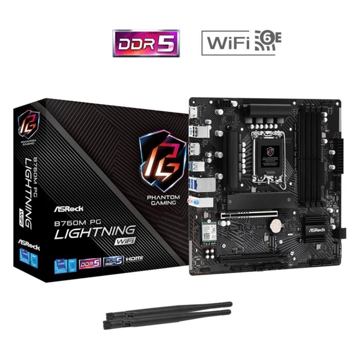 ASRock B760M PG LIGHTNING WIFI ASRock B760M PG LIGHTNING WIFI Motherboard, Wi-Fi 6E, 2.5G LAN, Intel Socket 1700, Supports 12th/13th Gen, DDR5 - Image 1