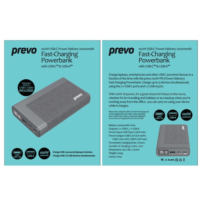 Prevo AD10C 2 Prevo AD10C 100W USB-C Power Delivery PD 20000mAh Portable Fast-Charging Powerbank with Digital Display - Image 4