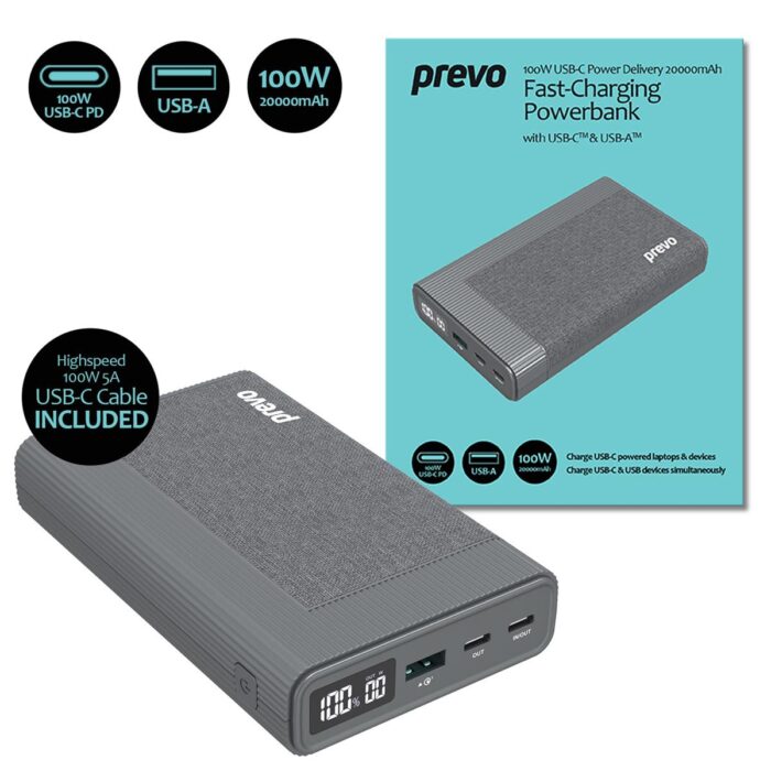 Prevo AD10C Prevo AD10C 100W USB-C Power Delivery PD 20000mAh Portable Fast-Charging Powerbank with Digital Display - Image 1