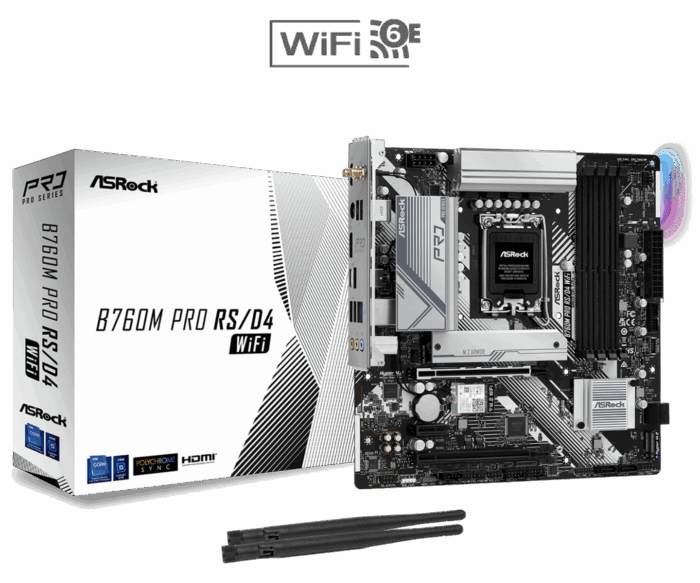 Asrock B760M PRO RS D4 Asrock B760M PRO RS/D4 WIFI, Intel B760, 1700, Micro ATX, 4 DDR4, HDMI, DP, Wi-Fi 6E, 2.5G LAN, PCIe4, 2x M.2, RGB - Image 1
