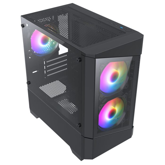 CIT Level 1 Black Micro-ATX Front Glas PC Gaming Case with 3 x 120mm RGB Rainbow Fans Included - Image 2