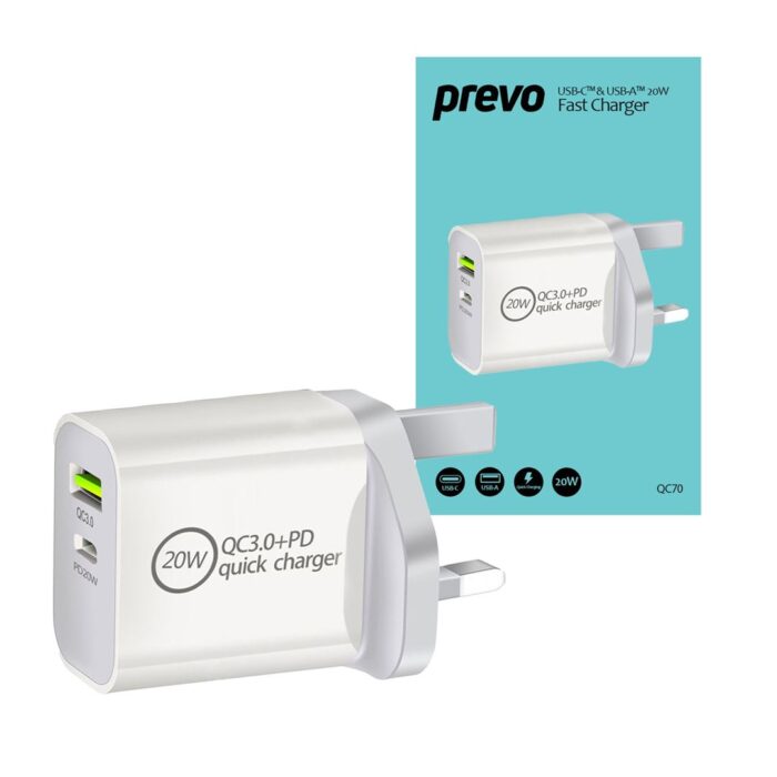 Prevo QC70 20W USB Type-C Prevo QC70 20W USB Type-C & USB Type-A Fast Charge Mains Charger with QC 3.0 - Image 1