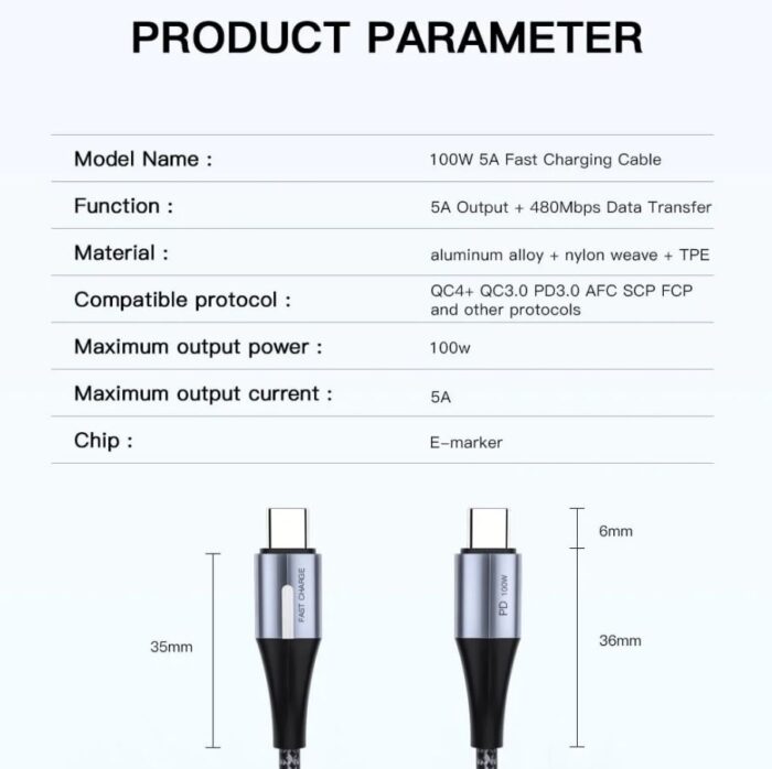 USB C 100W power 2M 0 1 M USB-C to USB-C Fast Charging Data Cable Black 100W. - Image 2
