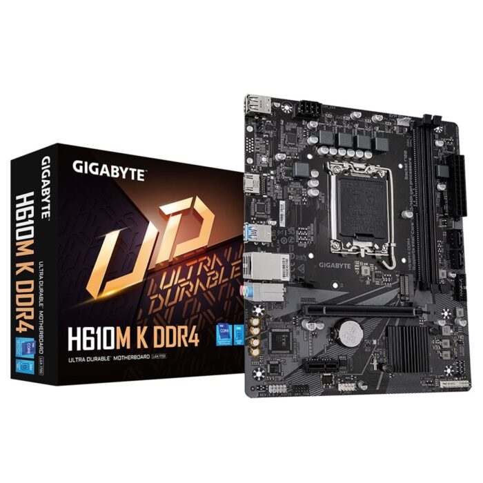 Gigabyte H610M K Gigabyte H610M K DDR4 Ultra Durable Intel 1700 Socket Motherboard, Micro-ATX, 2x DDR4 Slots, 1x M.2 Socket, GbE LAN, - Image 1
