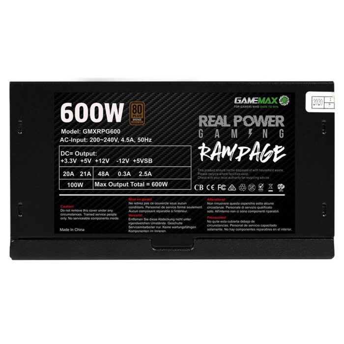 GAMEMAX RPG Rampage 600W PSU, 140mm Ultra Silent Fan, 80 PLUS Bronze, Flat Black Cables, Japanese TK Main Capacitor - Image 2