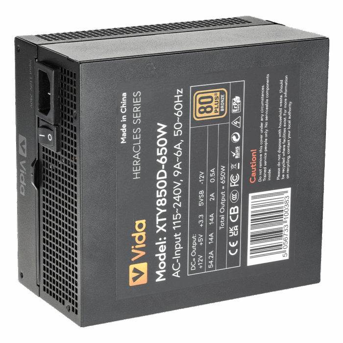 Vida 650W Heracles Black ATX Gaming PSU, 80+ Bronze, 14cm Ultra-Quiet FDM Fan, Flat Black Cables - Image 4