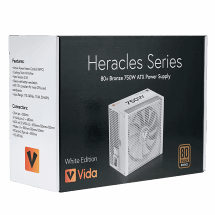 Vida 750W Heracles White ATX Gaming PSU, 80+ Bronze, 14cm Ultra-Quiet FDM Fan, Flat White Cables
