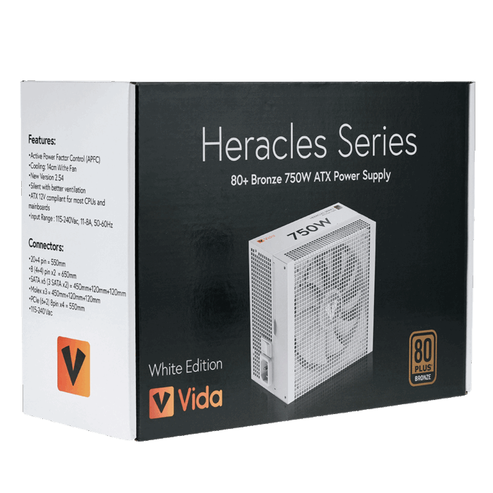 Vida 750W Heracles White 2 Vida 750W Heracles White ATX Gaming PSU, 80+ Bronze, 14cm Ultra-Quiet FDM Fan, Flat White Cables - Image 1