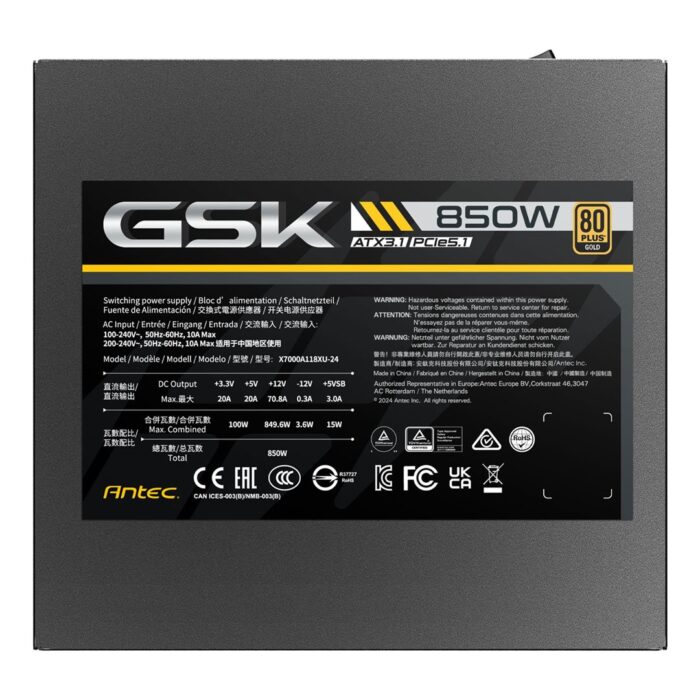 Antec GSK ATX3.1 850W 4 Antec GSK ATX3.1 850W Power Supply, 80 PLUS Gold, Full Modular, PCIe 5.1 - Image 5