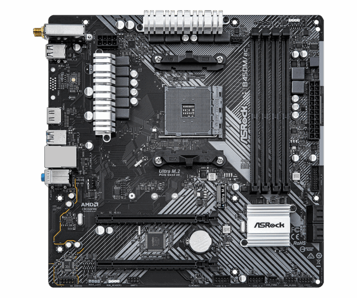 Asrock B450M/AC R2.0, AMD B450, AM4, Micro ATX, 4 DDR4, HDMI, GB LAN, AC Wi-Fi, 1x M.2 - Image 2