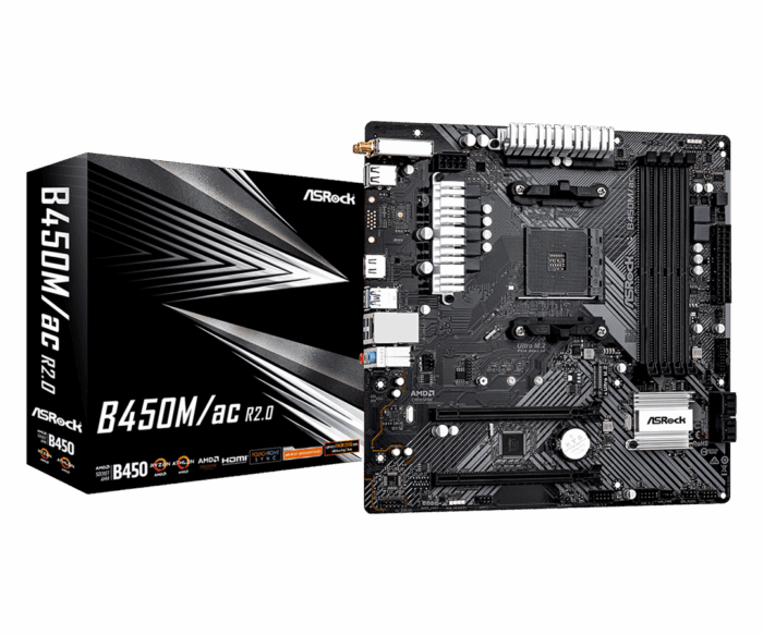 ASRock B450M ac R2.0 Asrock B450M/AC R2.0, AMD B450, AM4, Micro ATX, 4 DDR4, HDMI, GB LAN, AC Wi-Fi, 1x M.2 - Image 1