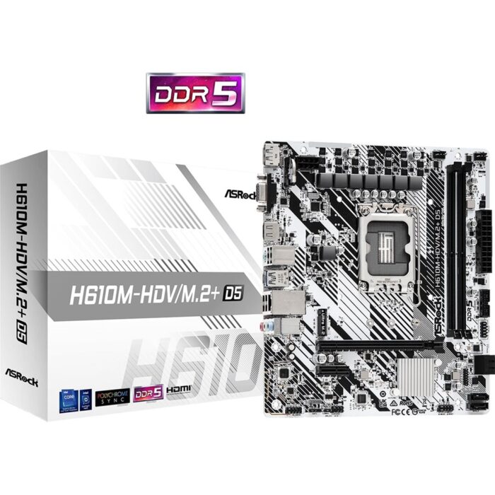 ASRock H610M-HDV/M.2+ D5 Intel 1700 Socket Motherboard, Micro-ATX, 2x DDR5 Slots, 1x M.2 Socket - Image 1