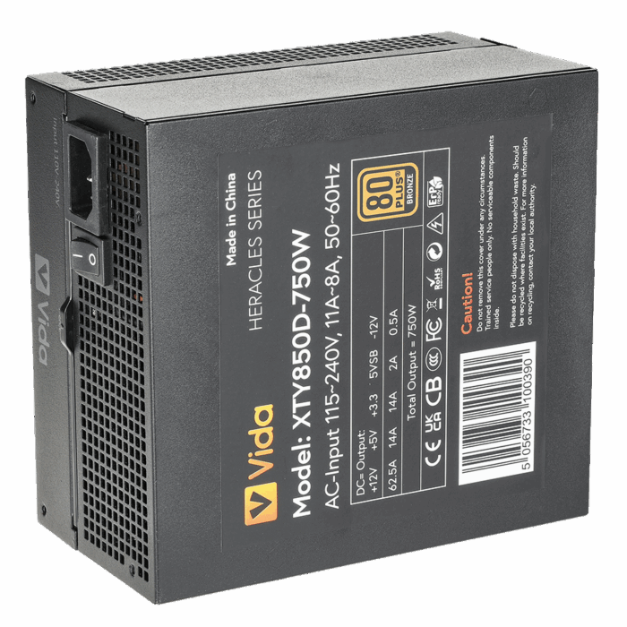 Vida 750W Heracles Black 0 Vida 750W Heracles Black ATX Gaming PSU, 80+ Bronze, 14cm Ultra-Quiet FDM Fan, Flat Black Cables - Image 3