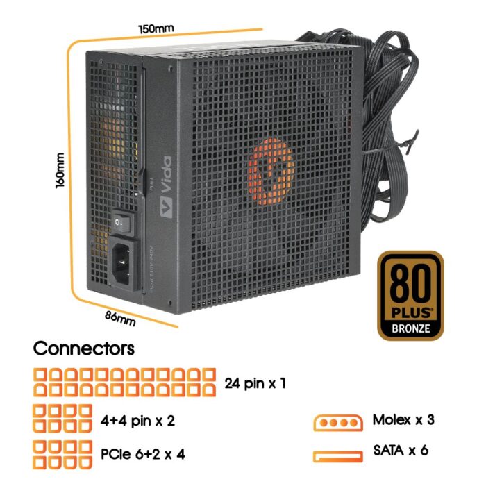 Vida 750W Heracles Black 2 Vida 750W Heracles Black ATX Gaming PSU, 80+ Bronze, 14cm Ultra-Quiet FDM Fan, Flat Black Cables - Image 4