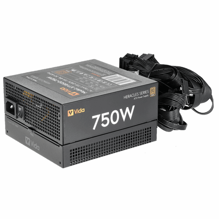 Vida 750W Heracles Black Vida 750W Heracles Black ATX Gaming PSU, 80+ Bronze, 14cm Ultra-Quiet FDM Fan, Flat Black Cables - Image 1