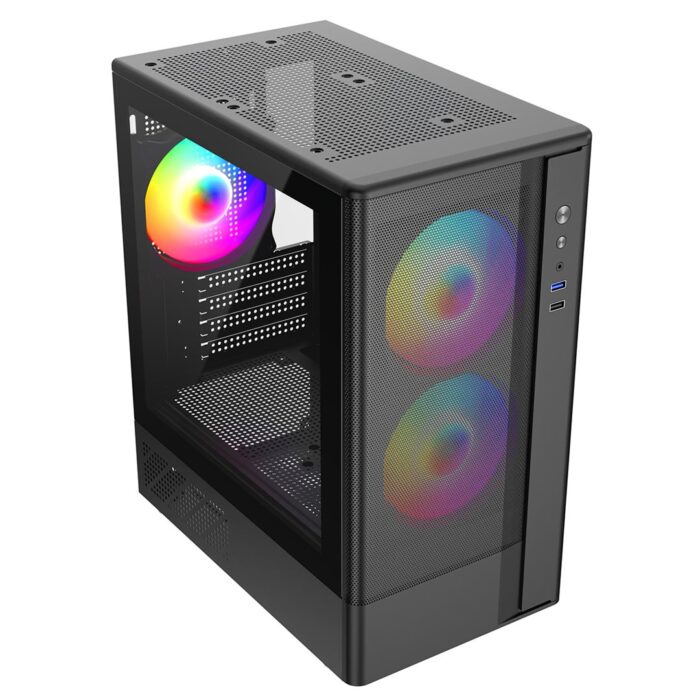 Cit F3M Black Micro-ATX Mesh PC Gaming Case with 3 x 120mm ARGB Fans Included - Image 2