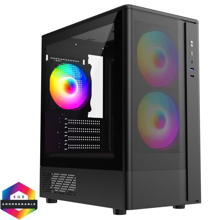 Cit F3M Black Micro-ATX Mesh PC Gaming Case with 3 x 120mm ARGB Fans Included - Image 1