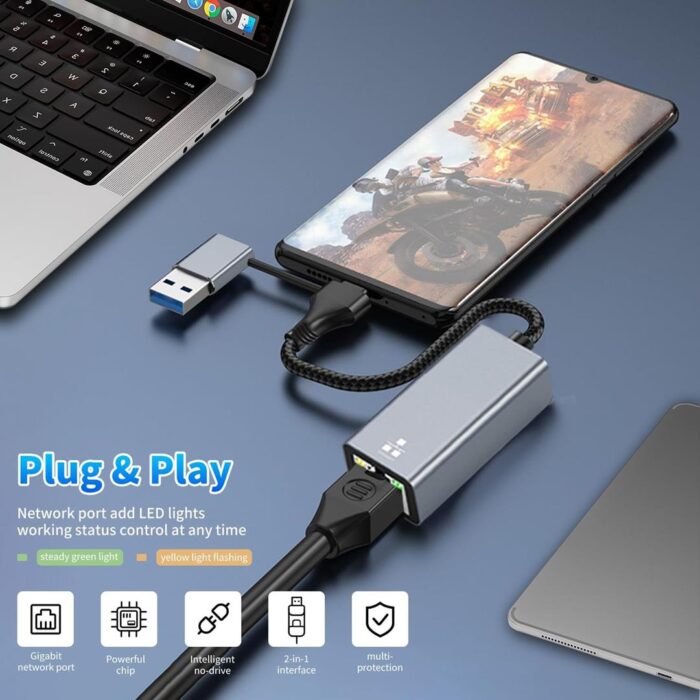 USB C & A to Ethernet Adapter, USB 3.0 to Ethernet, 1000 Mbps LAN Adapter for Windows, MAC OS, Linux - Image 3